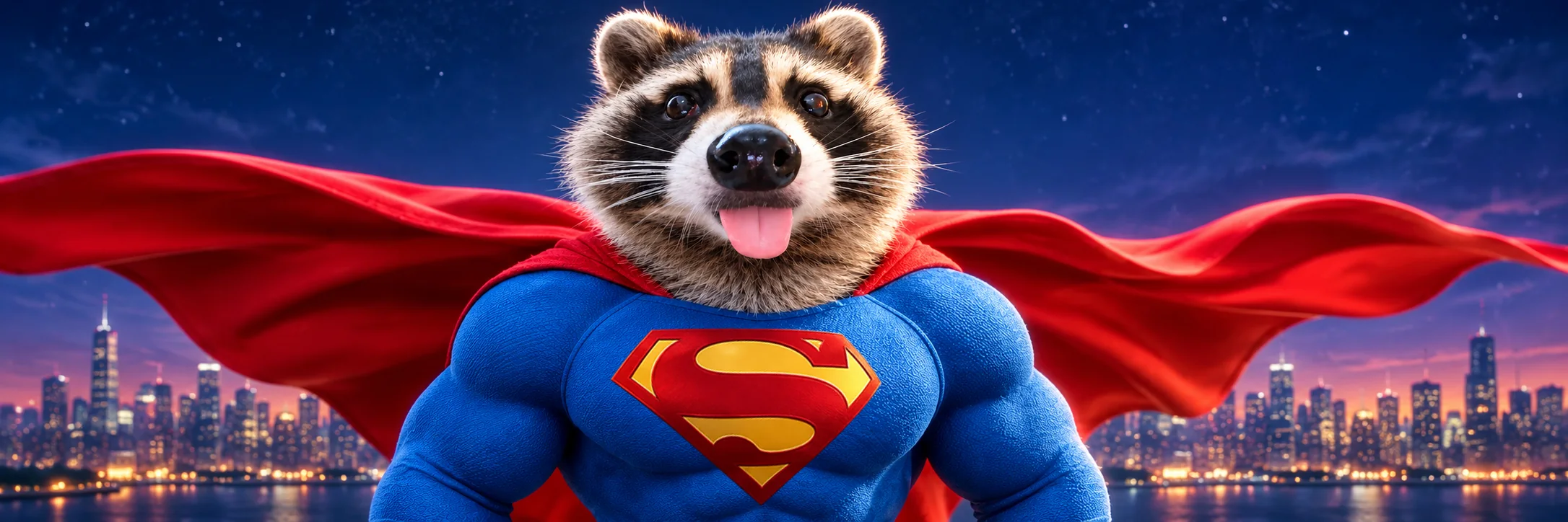 Super Bandit, a raccoon in a hero suit and red cape, over a night city skyline