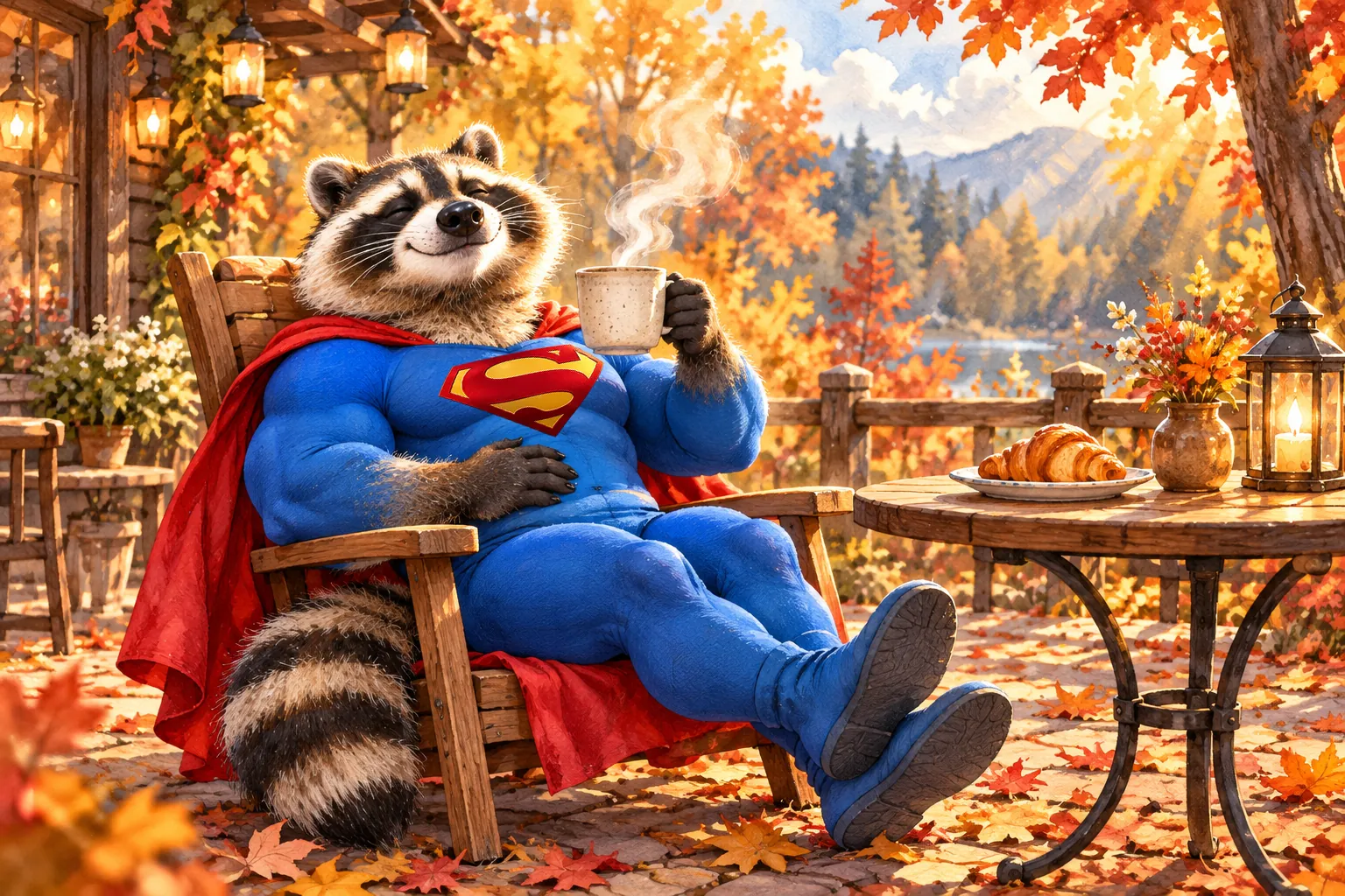Super Bandit relaxing with a coffee on an autumn patio