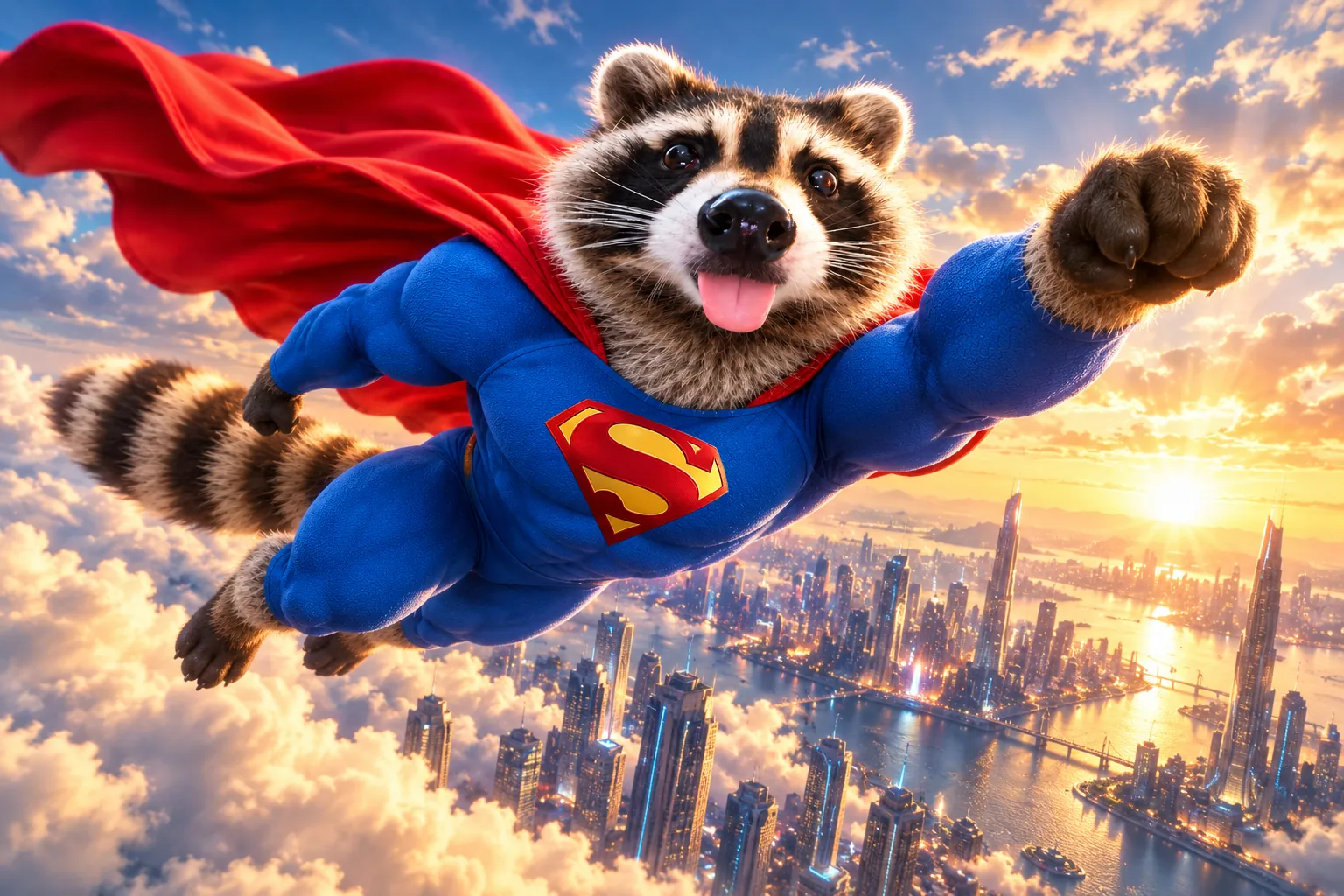 Super Bandit flying over a city at sunrise, fist forward