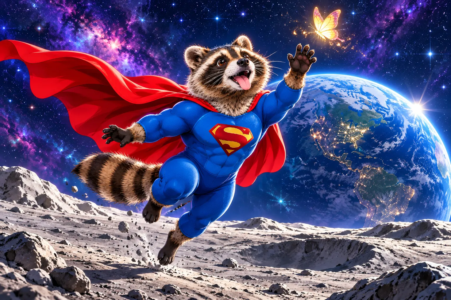 Super Bandit leaping across the moon with Earth behind him