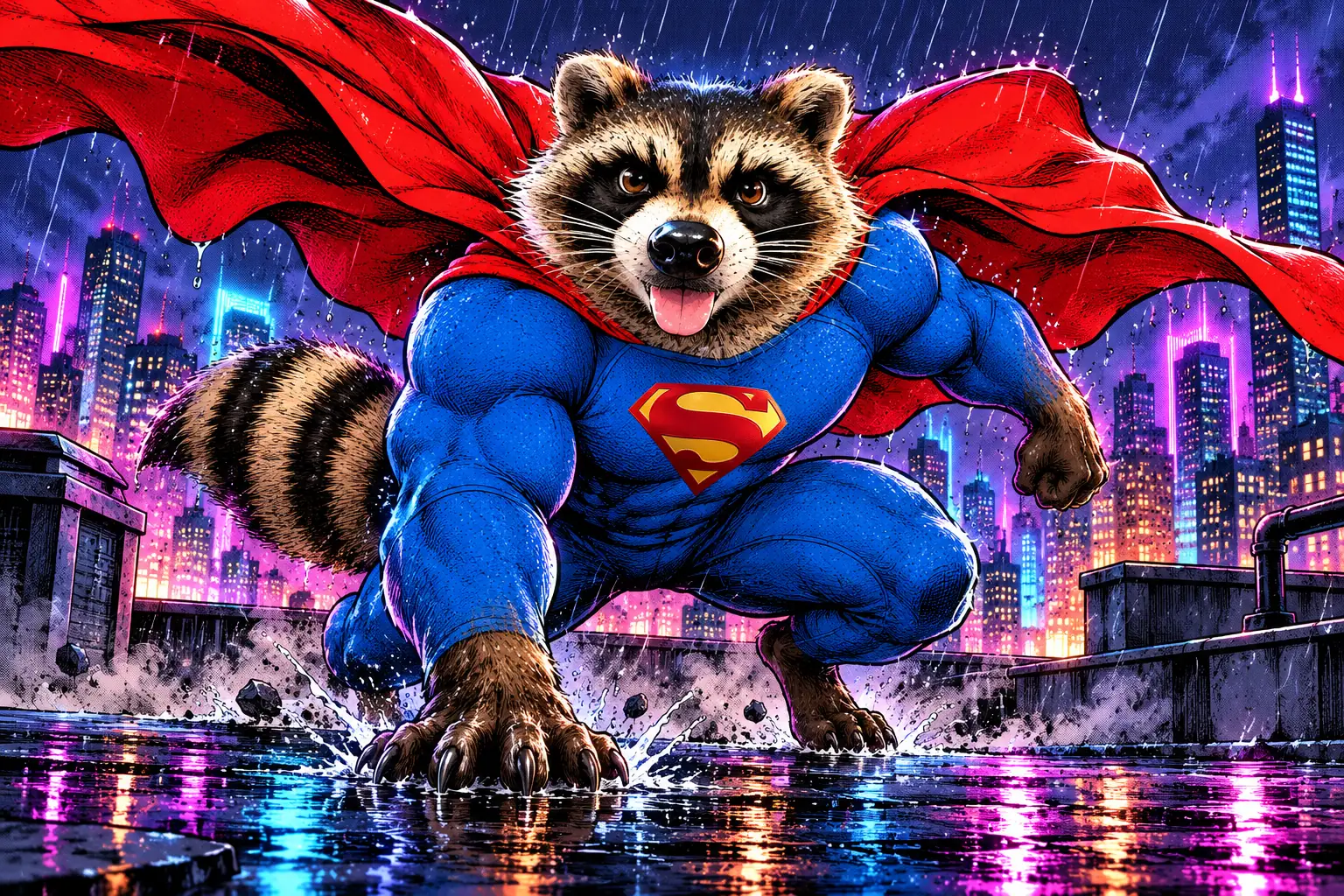 Super Bandit landing on a rainy neon rooftop